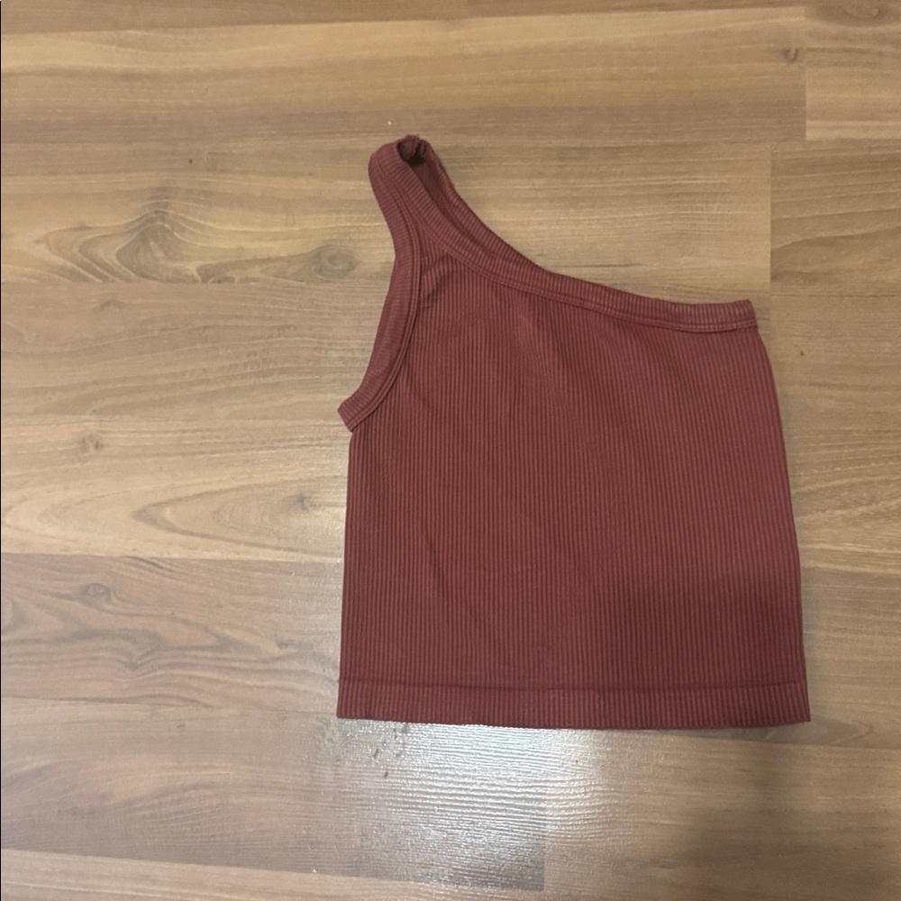 Nikibiki Ribbed One-Shoulder Top in Deep Terracotta Rust. One Size.
